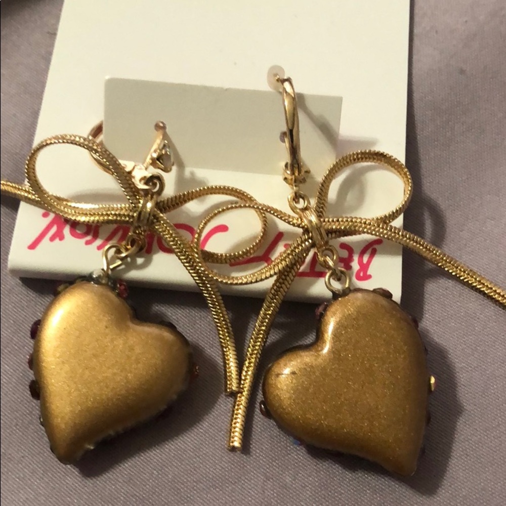 Betsey Johnson Bow And Heart Drop Earrings - Picture 2 of 3